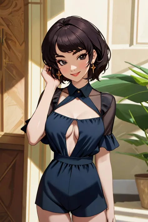 4K, Masterpiece, highres, absurdres, smiling,beautiful woman, face focus ,
playsuit, a woman in a black romper with cut out sides ,wearing a playsuit
<lora:Playsuit2:1>
