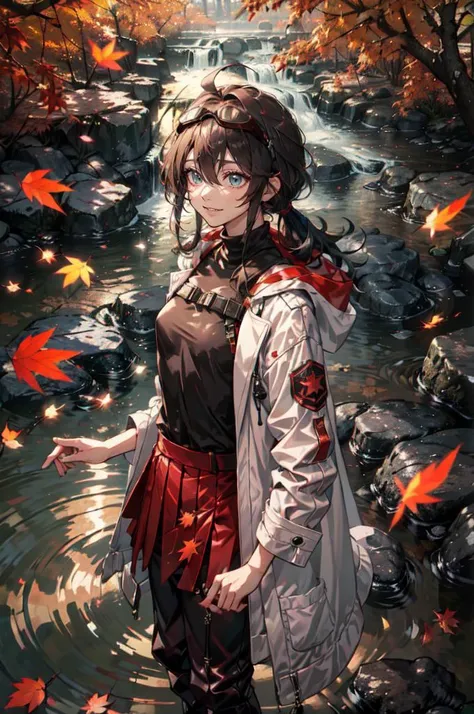 <lora:maple leaf_20231211004021:0.65> maple leaf, ð,, ultra detailed, masterpiece, best quality, aesthetic, detailed,, solo, soft smile, light smile, 1girl, aqua eyes, black hair, <lora:low_ponytail-1.0:0.95> low ponytail, ahoge, absurdly long hair, very long hair, hair flaps, hair between eyes, bangs, messy hair, small breasts, (goggles on head:1.1),, hooded coat, open coat, turtleneck, pants, black knee boots, multiple straps, white coat, layered clothes, hair ribbon, pants under skirt,
