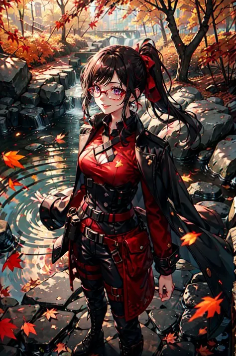 <lora:maple leaf_20231211004021:0.65> maple leaf, ð,, ultra detailed, masterpiece, best quality, aesthetic, detailed,, solo, smug smile, 1girl, purple eyes, red-framed eyewear, (black hair, red colored tips:1.2), red streaked hair, very long hair, side ponytail, tied hair, medium breasts,, <lora:StS-Coat-and-Jacket-On-Shoulders-Iteration2:0.7> dataset, jacket on shoulders, coat on shoulders, red dress, sleeves rolled up, fingerless gloves, holster, belt, multiple belts, combat boots, bulletproof vest, pants, black coat, tactical clothes,