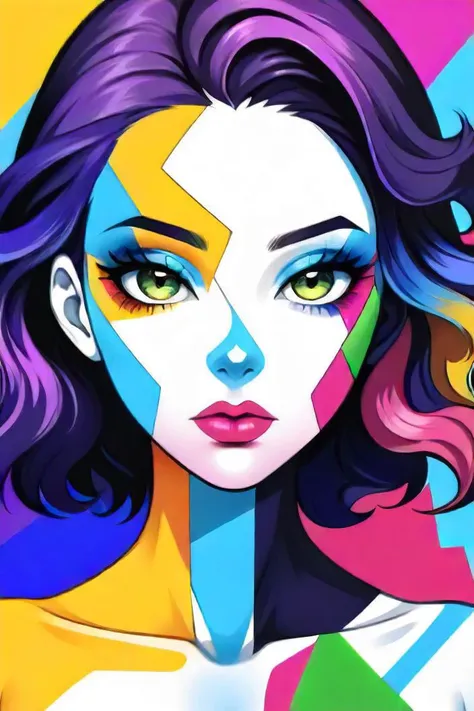 ASCIIthe image portrays a 24 year old adult woman with vibrant, colorful markings that cover her body, resembling an artistic form of expression. the art appears to be inspired by a combination of abstract and pop art styles, featuring various colors like blue, green, pink, yellow, and purple. these elements are scattered across her skin, creating a visually striking contrast against her smooth skin. her hair is styled in loose waves, adding a touch of natural beauty to the overall composition. she gazes off to the side, wearing a serious expression that adds depth and intrigue to the image. the background is predominantly black, which further accentuates the bold hues of the artwork on her body. the overall effect is a captivating blend of artistry and individuality.