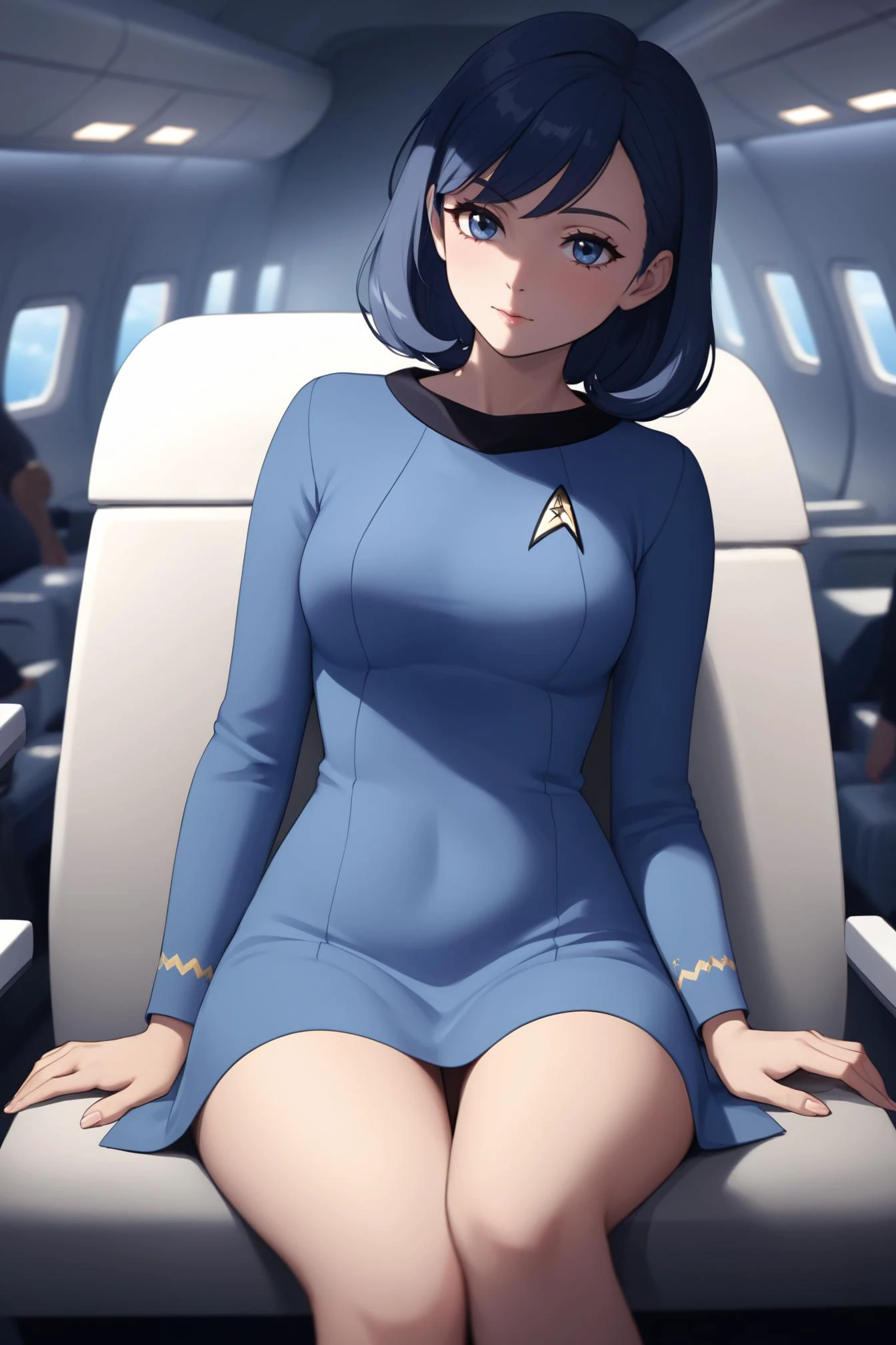 woman in a blue startrektos dress,long sleeves, sitting in a passenger plane,relaxed,
masterpiece, best quality, soft light, bokeh, real shadow, cinematic, subsurface scuttering <lora:TOSXL-000040:0.8>