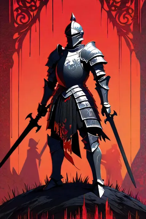 ASCIIthe image depicts a digital art rendering of a knight like figure standing against a vibrant red textured background. the knight, appearing as an intricate black silhouette, is armed with a weapon and is adorned in armor. the virtual landscape style of the artwork provides depth and dimension to the scene, while the use of color contrasts enhances the dramatic effect of the image.