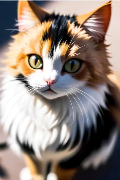 ASCIIthe image appears to be a close up photo of a cat, possibly with a blurry background. it has a combination of white, brown, and black fur, giving it a multi colored appearance. the lighting seems to come from above, casting shadows that emphasize the texture of the cat's fur.