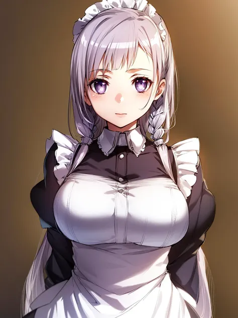 masterpiece, best quality, ((portrait)), 1girl, (upper body), standing,long hairs, braids, large breasts, simple background,(fleshy body), (curvy body), good hands, good eyes,(beautiful purple eyes), maid, (platinum hairs), bunbun, <lora:bunbun_style:0.66>