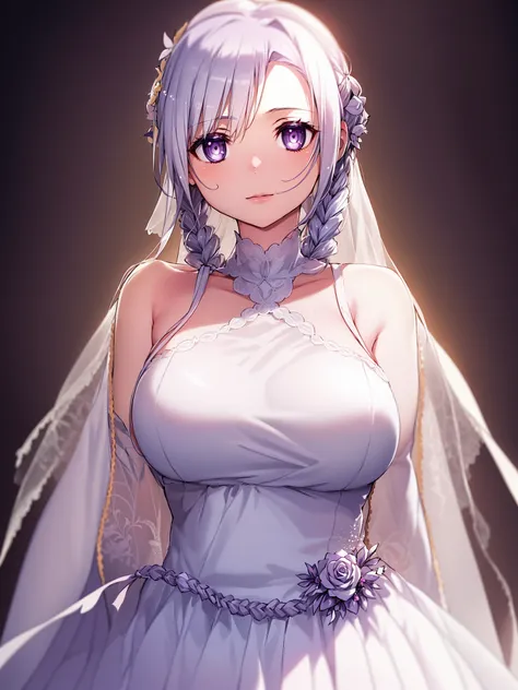 masterpiece, best quality, ((portrait)), 1girl, (upper body), standing,long hairs, braids, large breasts, simple background,(fleshy body), (curvy body), good hands, good eyes,(beautiful purple eyes), wedding dress, (platinum hairs), bunbun, <lora:bunbun_style:0.66>