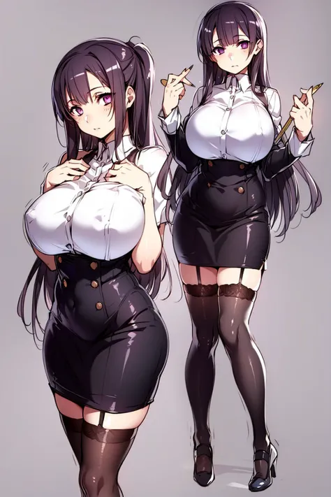masterpiece, best quality, 1girl, large breasts, beautiful background, (curvy body,fleshy body),(black stockings with garters),good legs, good hands,standing,bunbun,beautiful eyes, pencil skirt, nsfw, bunbun,purple eyes, <lora:bunbun_style:0.7>