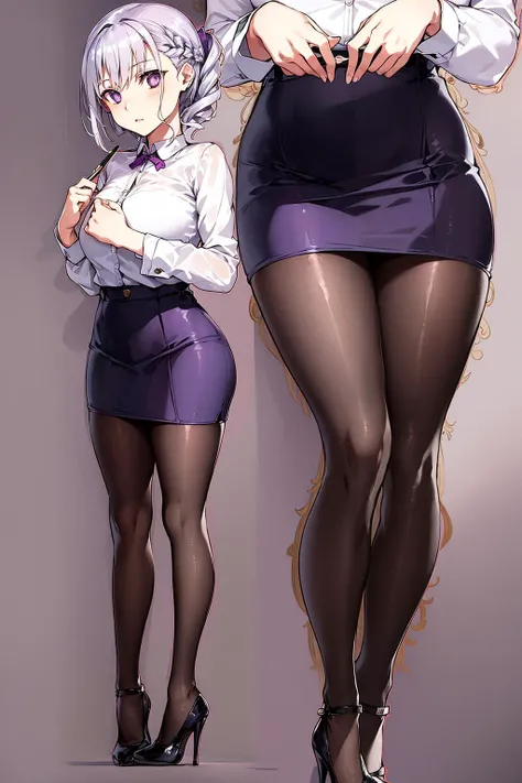masterpiece, best quality, high detail, 1girl, standing, mediumbreasts, beautiful background,(black pantyhose),(good legs), good hands ,pencil skirt, good eyes,(beautiful purple eyes), touching her breasts, (platinum hairs), hands on the chest,bunbun, good knees, bottom view,high heels, <lora:bunbun_style:0.66>