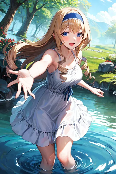 Tabletop, highest quality,shape, wallpaper, Very detailed, Absurd beauty、1 beautiful girl、 (Long Hair、Braided hair、blonde、Ample breasts), Very detailed beautiful eyes , Hair blowing in the wind、Keep your head small、whole body、White dress、Wearing heeled sandals、Lakeside、great outdoors、Fresh greenery、A big smile