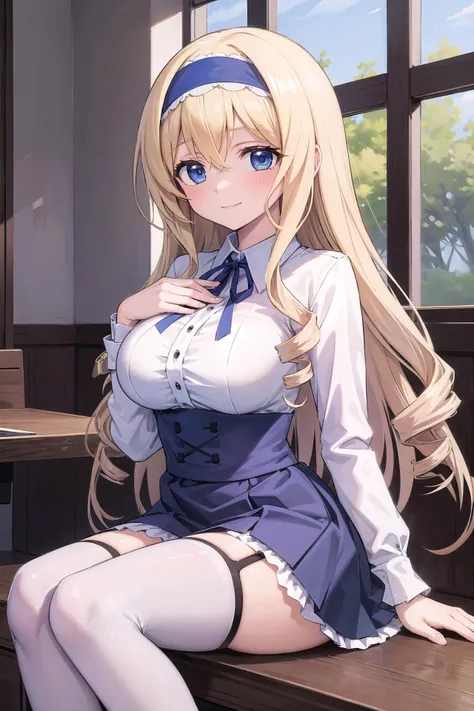 masterpiece, best quality,
1girl, solo,
<lora:cecilia_alcott_v1:0.75> aacecilia, cecilia alcott, blue eyes, tareme, eyelashes, long eyelashes, blonde hair, long hair, curly hair, drill hair, twin drills, hair between eyes, sidelocks, drill sidelocks, hairband, blue hairband, lace-trimmed hairband, large breasts,
indoors, cafe,
shirt, white shirt, neck ribbon, center frills, underbust, high-waist skirt, skirt, blue skirt, tight,
sitting, looking at viewer, breasts, heart hands, , thighhighs,
blush, light smile,