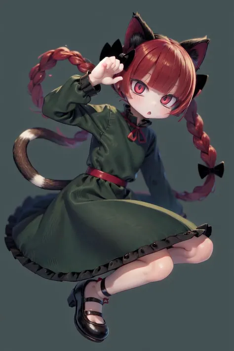 kaenbyou rin, twin braids, hair bow, cat tail, multiple tails,green dress, long sleeves,red hair,perfect hands,cute face,leaning forward,(paw pose),:o,realistic,photo realistic,thick hair(best quality, masterpiece,extremely detailed,8k resolution:1) <lora:touhou_kaenbyou:0.8> <lyco:GoodHands-beta2:0.8>