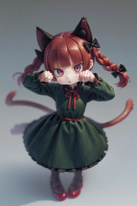kaenbyou rin, twin braids, hair bow, cat tail, multiple tails,green dress, long sleeves,red hair,perfect hands,cute face,(leaning forward),paw pose,:o,realistic,photo realistic,thick hair(best quality, masterpiece,extremely detailed,8k resolution:1) <lora:touhou_kaenbyou:0.8>