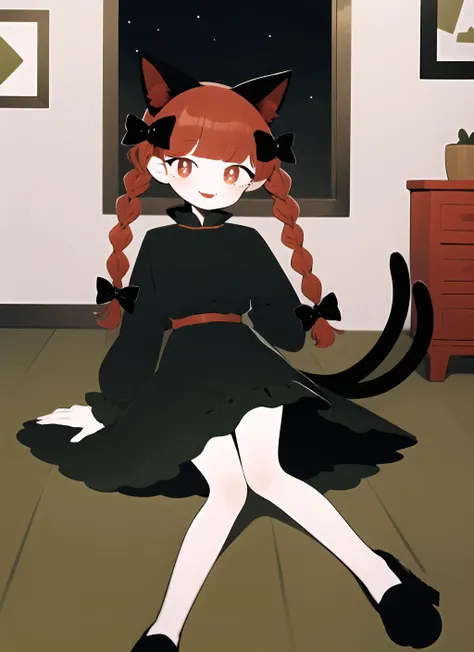 masterpiece, best quality, <lora:keke:1> <lora:add_detail:0>, symbol-shaped pupils, colorful, flat color, colorful, (1girl), (solo), <lora:LowRA:0.3>, looking at viewer, facing viewer, smile, full body, night, indoors, <lora:touhou_kaenbyou:1>, kaenbyou rin, twin braids, hair bow, green dress, long sleeves, cat tail, 2 tails