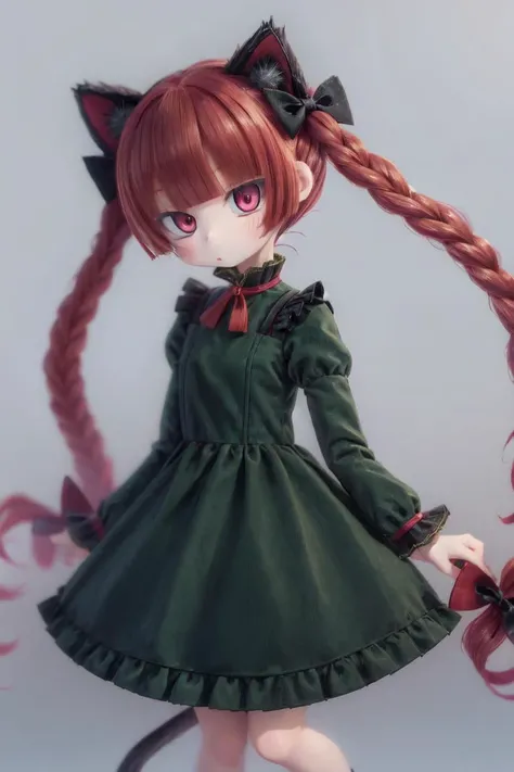 kaenbyou rin, twin braids, hair bow, cat tail, multiple tails,green dress, long sleeves,red hair,perfect hands,cute face,dd,realistic,photo realistic,thick hair(best quality, masterpiece,extremely detailed,8k resolution:1) <lora:touhou_kaenbyou:0.8> <lora:dd:0.1>