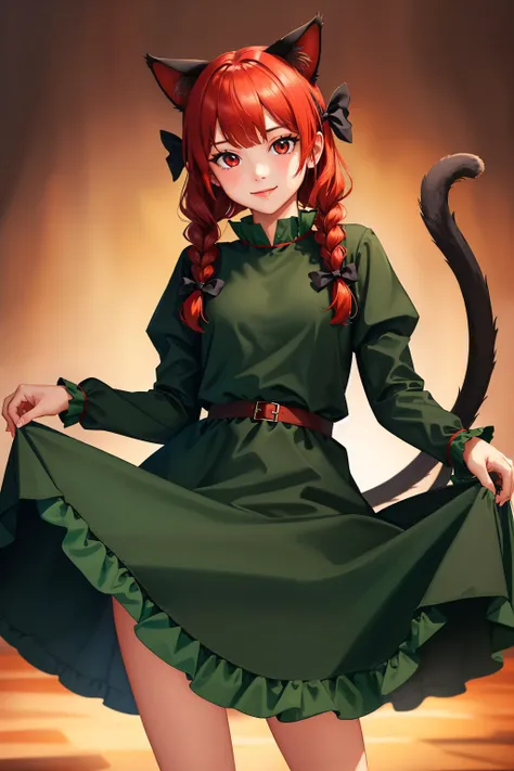 (masterpiece, best quality:1.2), <lyco:touhou_kaenbyou-10:1.0>, cowboy shot, solo, 1girl, kaenbyou rin, smile, closed mouth, looking at viewer, dress lift, lifted by self, twin braids, hair bow, green dress, long sleeves, cat tail, multiple tails