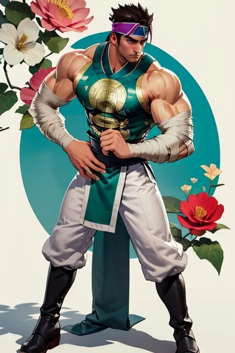 Hwang_Soulcalibur_III, solo, short hair, brown hair, black hair, 1boy, full body, male focus, pants, muscular, headband, bandages, eyepatch, pectorals, muscular male, bara, pink flower background, large pectorals, sideburns, (white pants), sidepec, <lora:Hwang_Soulcalibur_III:1>, green top, flower ground, green clothes, korean clothes, boot, spread legs, beach, bandages socks, (masterpiece,best quality:1.5)