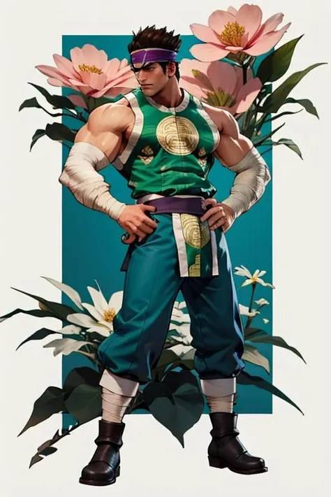 Hwang_Soulcalibur_III, solo, short hair, brown hair, black hair, 1boy, full body, male focus, pants, muscular, headband, bandages, eyepatch, pectorals, muscular male, bara, pink flower background, large pectorals, sideburns, (white pants), sidepec, <lora:Hwang_Soulcalibur_III:1>, green top, flower ground, green clothes, korean clothes, boot, spread legs, beach, bandages socks, (masterpiece,best quality:1.5)