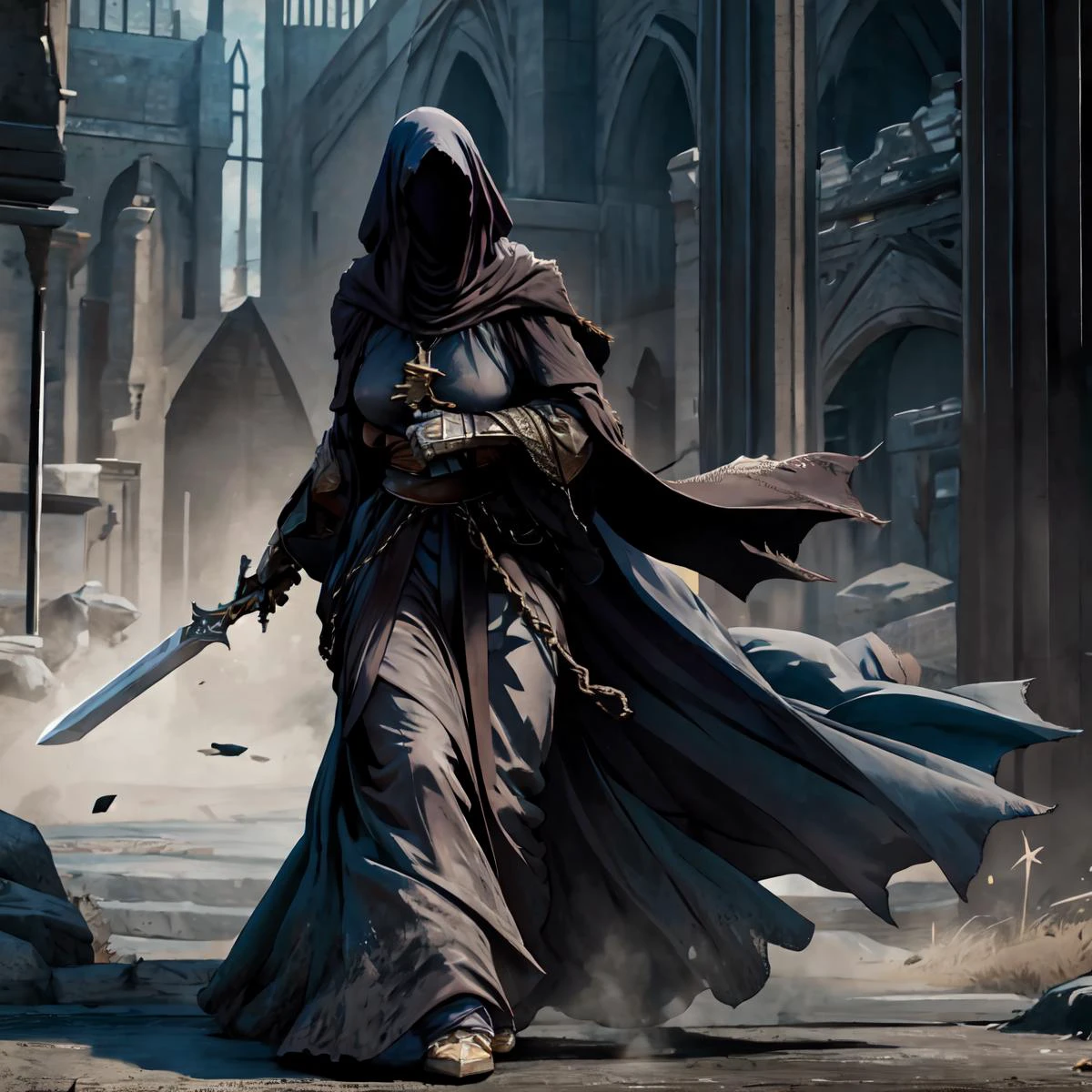 (best quality, high quality art:1.3), HD, 4k,particle effects, raytracing, cinematic lighting, 1girl, solo, very wide hips, large thighs, <lora:Nazgul:0.7> nazgul, robes, undressing, nude, naked, narrow waist, chains around forearms, chain around waist, pussy, sexy, erotic, holding, weapon, sword, wide sleeves, holding weapon, holding sword, gauntlets, large natural breasts