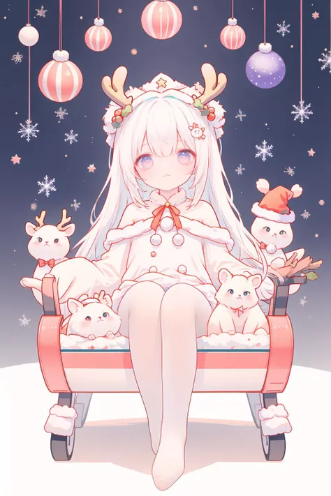 full body,
(focus-on:1.1),(1 girl),(white hair:1.1),ð,ð,ð,ð§âð,(merry christmas:1.2),long (sliver) hair glows,(small black ornament),red eyes,(beautiful detailed eyes),(;3:1.2),white shirt,(blue ribbon headdress),full body,sitting on a sleigh,(in christmas),white stockings,no shoes,(reindeer antlers,:1.2),baisixuegao,white pantyhose,