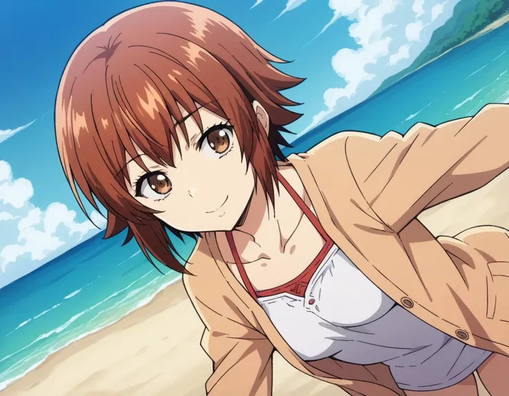 score_9, score_8_up, score_7_up, source_anime,
chisakotegawa,  <lora:chisa-kotegawa-s1-ponyxl-lora-nochekaiser:1>,
chisa kotegawa, short hair, bangs, brown hair, brown eyes,
shirt, long sleeves, collarbone, white shirt, open clothes, cardigan, open cardigan,
outdoors, beach, bent over, smile,
looking at viewer, dutch angle, cowboy shot, solo,