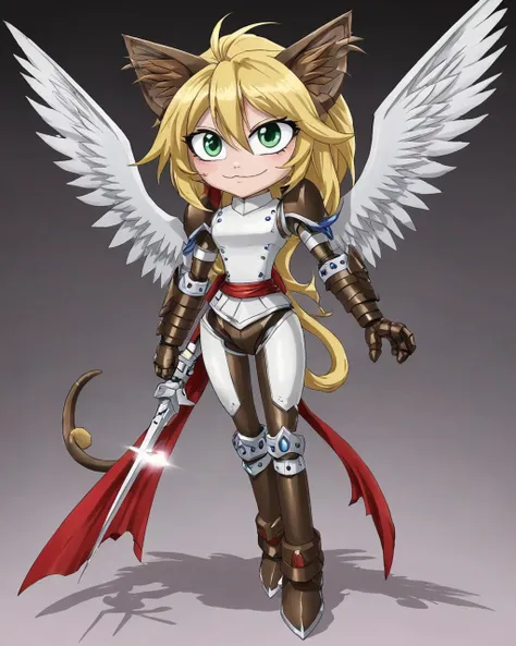 neco-arc,(slit eyes:1.2),1girl,solo,cat ears,cat tail,cat girl,chibi,anime style,:3,full body,masterpiece, best quality,duftmon,armor,wings, <lora:xl_neco-arc2:1>, <lora:DuftmonXL:0.75>