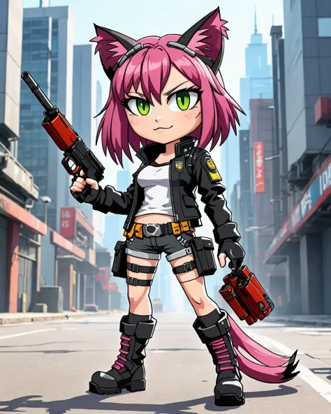 neco-arc,(slit eyes:1.2),1girl,solo,cat ears,cat tail,cat girl,chibi,anime style,:3,full body,masterpiece, best quality,bandolier,minigun,cyberpunk,industrial,city,jacket, <lora:xl_neco-arc2:1>,