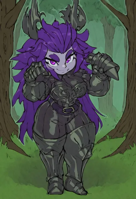High Fantasy, looking at viewer, strong female, rugged female halfling, with pretty face, thick eyebrows, purple eyes, dark-blue pupils, short dark-purple hair, leather armor, bulky, muscular, short, stout, small, short & wide body, thick & plump, stumpy arms & legs, huffslove, shortstack, shortstack, graphic novels illustration, outline, Sketch, Magical, Medieval, darkfantasy worlds, grim themes, grim foreat, gigantic tall trees, highly detailed, close up, dark forest, creeping thick fog,