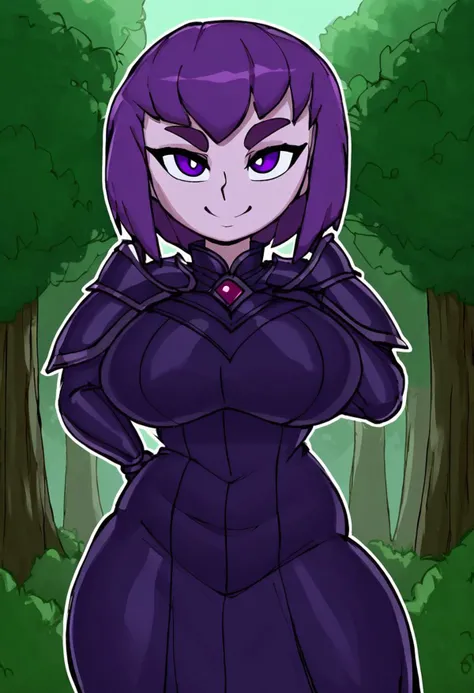 High Fantasy, looking at viewer, strong female, rugged female halfling, with pretty face, thick eyebrows, purple eyes, dark-blue pupils, short dark-purple hair, leather armor, bulky, muscular, short, stout, small, short & wide body, thick & plump, stumpy arms & legs, huffslove, shortstack, shortstack, graphic novels illustration, outline, Sketch, Magical, Medieval, darkfantasy worlds, grim themes, grim foreat, gigantic tall trees, highly detailed, close up, dark forest, creeping thick fog,