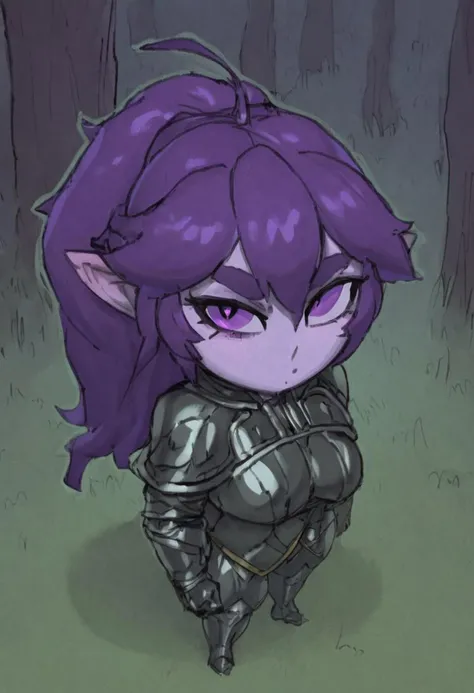 High Fantasy, ow-angle view, front view, close-up, looking at viewer, strong female, rugged female halfling, with pretty face, thick eyebrows, purple eyes, dark-blue pupils, short dark-purple hair, leather armor, bulky, muscular, short, stout, small, short & wide body, thick & plump, stumpy arms & legs, ((Shortstack)), graphic novels illustration, outline, Sketch, Magical, Medieval, darkfantasy worlds, grim themes, grim foreat, gigantic tall trees, highly detailed, close up, dark forest, creeping thick fog,