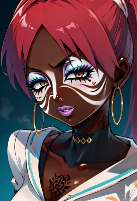 masterpiece, high res, 4k, best quality, beautiful face, detailed face, ultra-detailed, 1girl, solo, long hair, black background, neon glow, emerald green gradient hair, purple highlights, hoop earrings, dark-skinned female, tattoo, colored skin, BREAK, (<lora:yoruichi:1> shihouin yoruichi, yellow eyes, (purple hair), ponytail,) (yamanba, white facepaint makeup:1.3), face stickers, (big lips, full lips, (pink lips)), eyeshadow, very dark skin, makeup, gyaru, smirk,((green leopard print microskirt)), cleavage, blue leopard print bra, white shirt, choker, midriff, bracelets, jewelry, white face tattoo, large intricate hair accessories, (brown skin:1.3), <lora:manba_v5:.8> bimbo lips, <lora:retromanba:.8>lipstick, bright lipstick, (pink lipstick) corneo_yoruichi <lora:leopard-clothes-v1-b3-wasabiya:1> leoprint