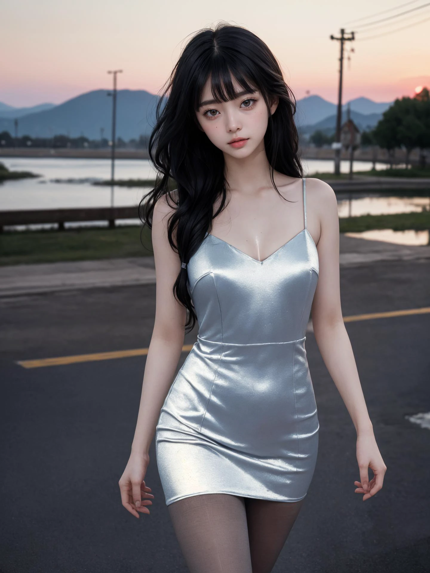 (masterpiece:1.4), (best quality:1.4), (absurdres), (detailed background:1.2), (looking at viewer), (character on center),
(cowboy shot), outdoors, town,sunset,standing,
medium breasts,
(shiny skin:1.4), (alive skin:1.2), (pale skin), (natural wavy:0.8~1.2), (bangs), long hair, (black hair),
pantyhose, dress,
sad face,