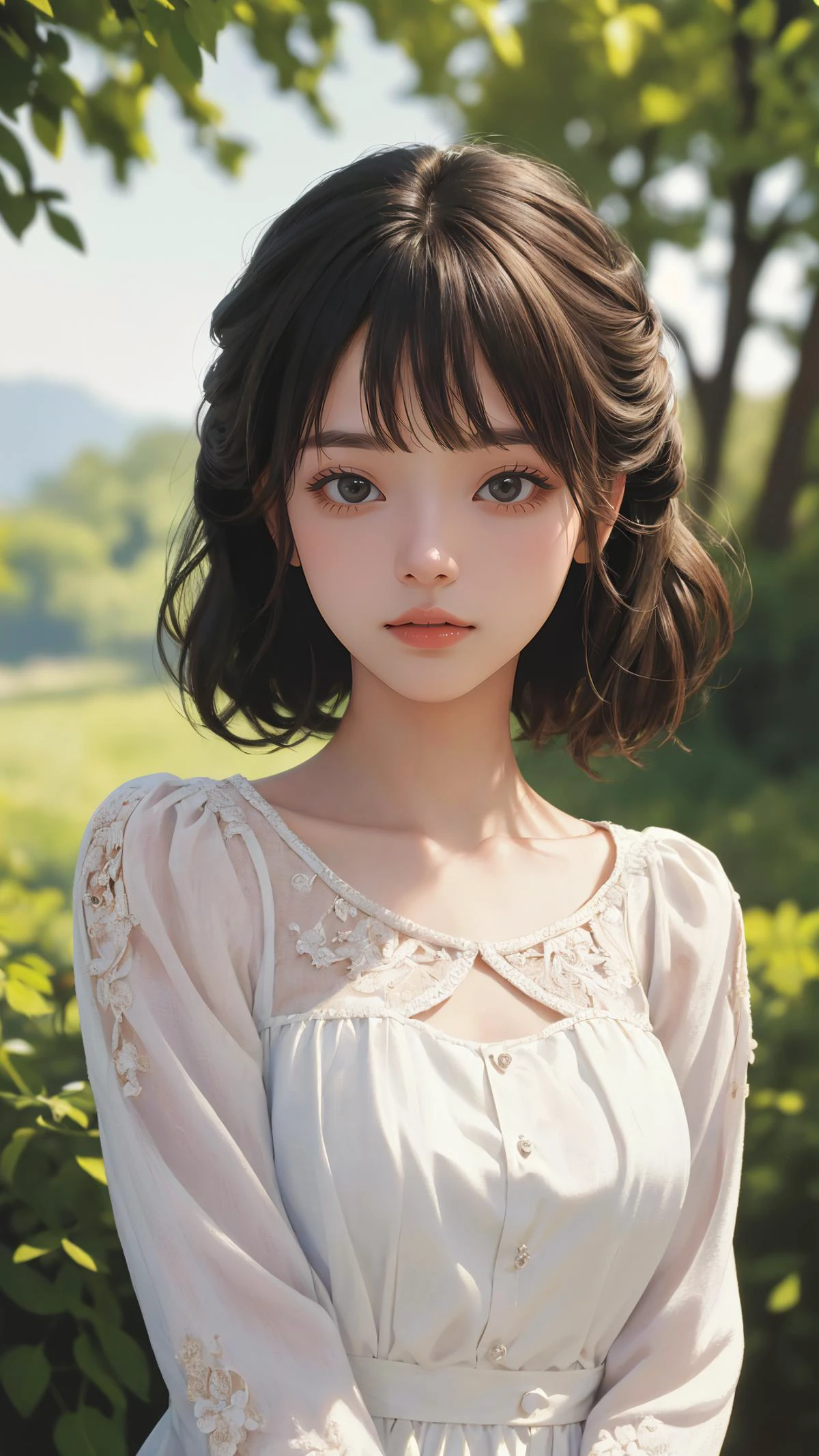 (masterpiece:1.4),(best quality:1.4),(absurdres:1.4),(looking at viewer),(intricate details:1.2), (extremely detailed:1.2),
outdoors,1girl,
bangs, natural wavy, chignon,
day with sunlight,
peaceful face,
cowboy shot,