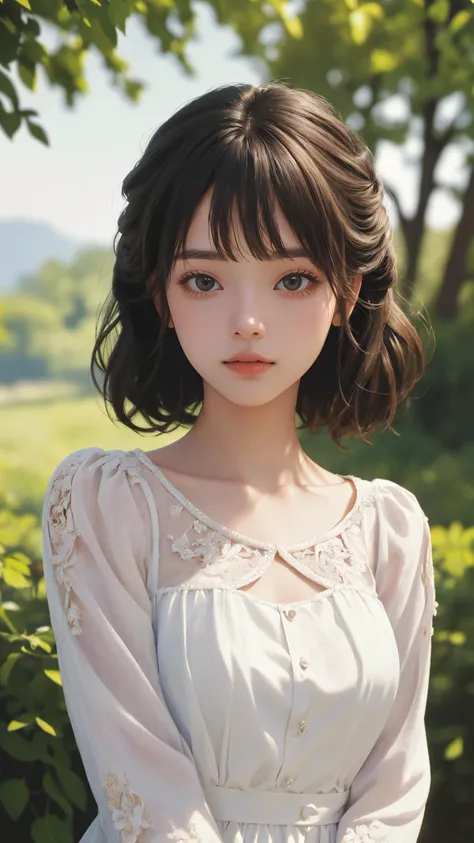 (masterpiece:1.4),(best quality:1.4),(absurdres:1.4),(looking at viewer),(intricate details:1.2), (extremely detailed:1.2), 
outdoors,1girl,
bangs, natural wavy, chignon, 
day with sunlight, 
peaceful face,
cowboy shot,