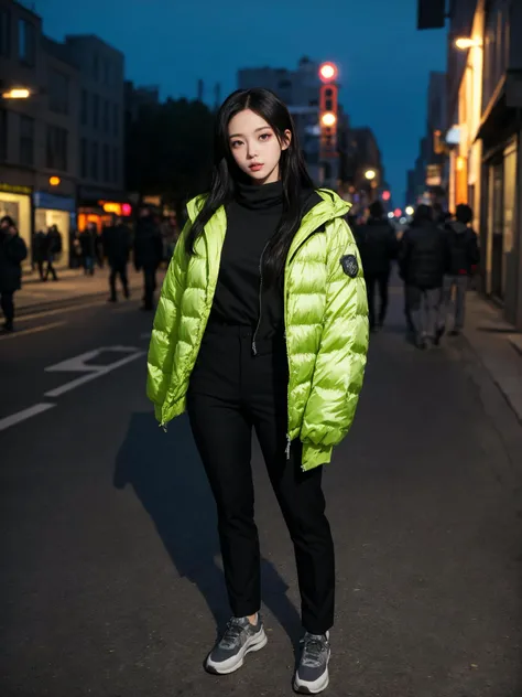 (masterpiece:1.4), (best quality:1.4), (absurdres), (detailed background), (looking at viewer), full body, (padded jacket), outdoors, city, (muffler), tight pants,
night, sleek, (alive skin), (black hair:0.7~1.0),