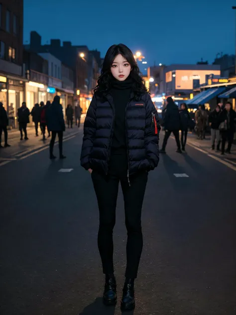 (masterpiece:1.4), (best quality:1.4), (absurdres), (detailed background), (looking at viewer), full body, (padded jacket), outdoors, city, (muffler), tight pants,
night, (natural wavy:0.4~1.2), (alive skin), (black hair:0.7~1.0),