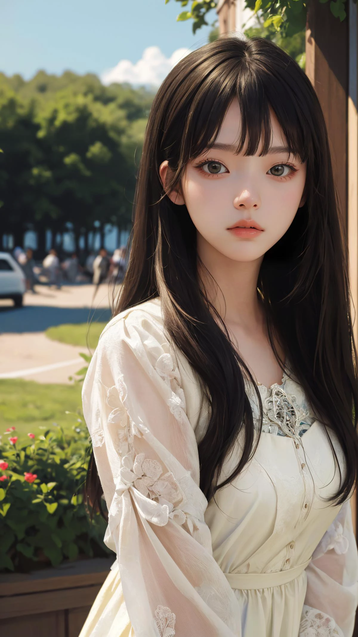(masterpiece:1.4),(best quality:1.4),(absurdres:1.4),(looking at viewer),(intricate details:1.2), (extremely detailed:1.2),
outdoors,1girl,
bangs, sleek, long hair,
day with sunlight,
sad face,
upper body,
