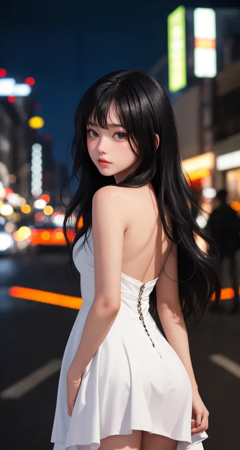 (masterpiece), (best quality:1.4), looking at viewer, lady, night, outdoors, cinematic, depth of field, (black theme|white theme),
black_hair, black_eyes, (shiny_skin), side bang, dress, bare legs, upper body,
(natural wavy:0.9), fringe, long hair, city,