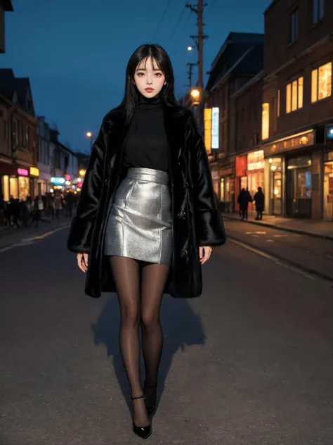 (masterpiece:1.4), (best quality:1.4), (absurdres), (detailed background), (looking at viewer), full body, (fur coat), outdoors, town, (muffler:1.2), pantyhose, high heels, standing, tight skirt,
night, black hair, sleek, (alive skin),