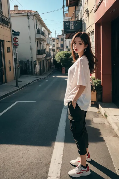 best quality, high quality, 8k, beautiful lighting, dynamic shadow, selfie, pov, aesthetic photo, girl, oversized shirt, cargo pants, sneakers, hoop earings, brown hair