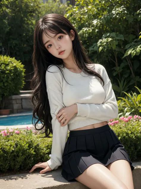 (masterpiece:1.4), (best quality:1.4), (absurdres), (detailed background:1.2), (looking at viewer), (character on center),
(cowboy shot), (outdoors), garden,day,sitting,
(medium breasts), 1girl,
(shiny skin:1.4), (alive skin:1.2), (pale skin), (natural wavy:0.8~1.2), (no bangs), (very long hair:1.2~1.4), (black hair),
shy face, sweater with skirt,