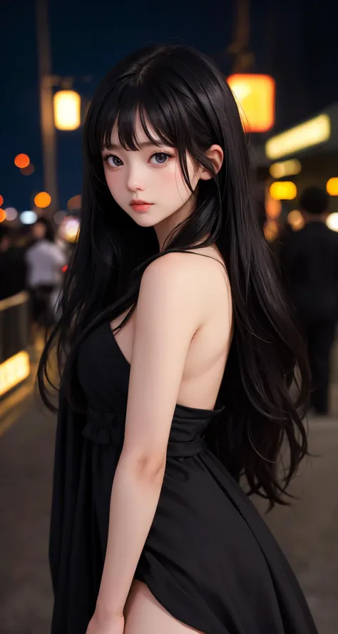 (masterpiece), (best quality:1.4), looking at viewer, lady, night, outdoors, cinematic, depth of field, (black theme|white theme),
black_hair, black_eyes, (shiny_skin), side bang, dress, bare legs, upper body,
(natural wavy:0.9), fringe, long hair, club,