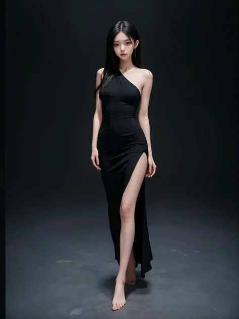 (masterpiece:1.4), (best quality:1.4), (absurdres:1.4), (detailed background:1.4), (looking at viewer), full body, night, sleek, (alive skin), (black hair:0.7~1.0), full body, (tight dress), (studio), model,
bare legs, barefoot,