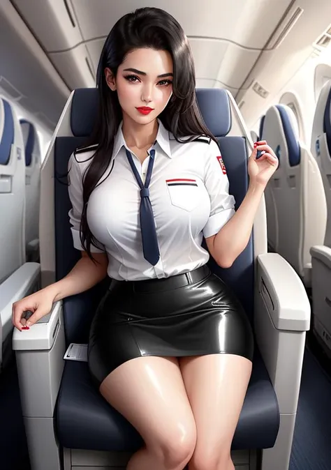 (sexy girl 25 years old),stunning girl, flight attendant,beautifull face,red lips,tight skirt,(white aviator shirt), bare legs,big thighs,big tits, black hair, dark eyes, looking at viewer, bright skin, (shiny skin:1.2), upper body,smiling subtly,atractive atitude,beautiful,natural (on a business class plane), ,short black skirt,(ultrarealistic),high quality,4k(masterpiece), (best quality)
