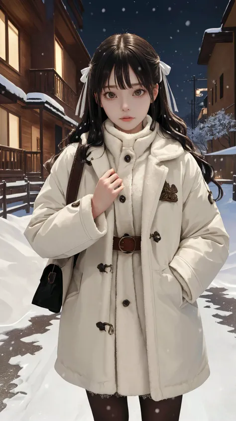 (masterpiece:1.4), (best quality:1.4), (absurdres:1.4), (intricate details:1.2), (extremely detailed:1.2), (character on center), (looking at viewer),
(horror), cowboy shot, outdoors, bangs, pantyhose, (curious face), (very long hair), (natural wavy),
winter, snow, (night), (cleavage:0.6), coat, snowing,
dress, belt, hair ribbon, muffler, city,