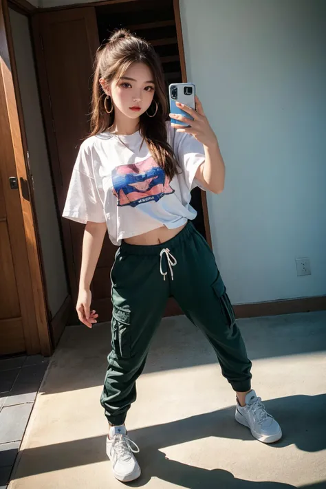 best quality, high quality, 8k, beautiful lighting, dynamic shadow, self taken, selfie, aesthetic photo, girl, oversized shirt, cargo pants, sneakers, hoop earings, brown hair