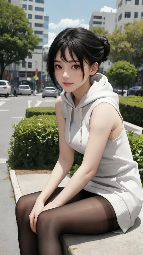 (masterpiece:1.2), (best quality:1.2), (absurdres:1.2), (looking at viewer), (shiny_skin:1.4),
upper body, lady,
pantyhose,
chignon, natural wavy, fringe, side bang,
outdoors, day, city,
hoodie,
sleeveless, black hair, black eyes,
happy, medium breasts,
gothic,
sitting with straight legs,