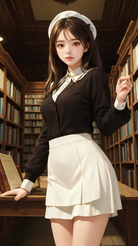 (masterpiece:1.4), (best quality:1.4), (looking at viewer), (lady), (shiny_skin), cowboy shot, town, skirt, deep ivory hair, dark brown eyes, indoors, library,