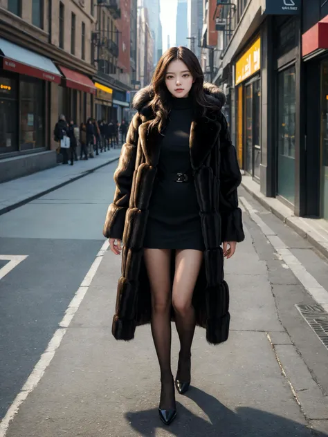 (masterpiece:1.4), (best quality:1.4), (absurdres), (detailed background), (looking at viewer), full body, (fur coat), outdoors, city,