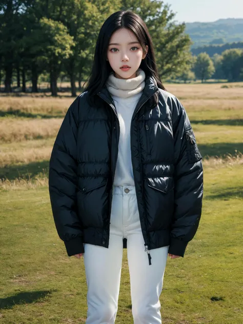 (masterpiece:1.4), (best quality:1.4), (absurdres), (detailed background), (looking at viewer), full body, (padded jacket), outdoors, countryside, (muffler), white jeans,
day, sleek, (alive skin), (black hair:0.7~1.0),
