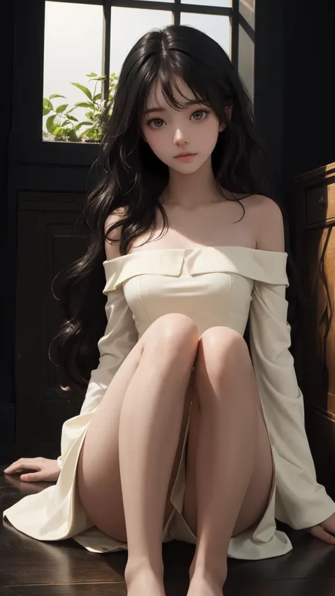 (masterpiece:1.2), (best quality:1.2), cinematic, (depth of field:1.2), (shiny skin:1.2), dark eyes, medium breasts, bare legs, sunlight, window,
off shoulder, lady, looking at viewer, long hair, (wavy hair:0.9), indoors, sitting, ((black theme)|ivory theme), side_bang, medium dress,