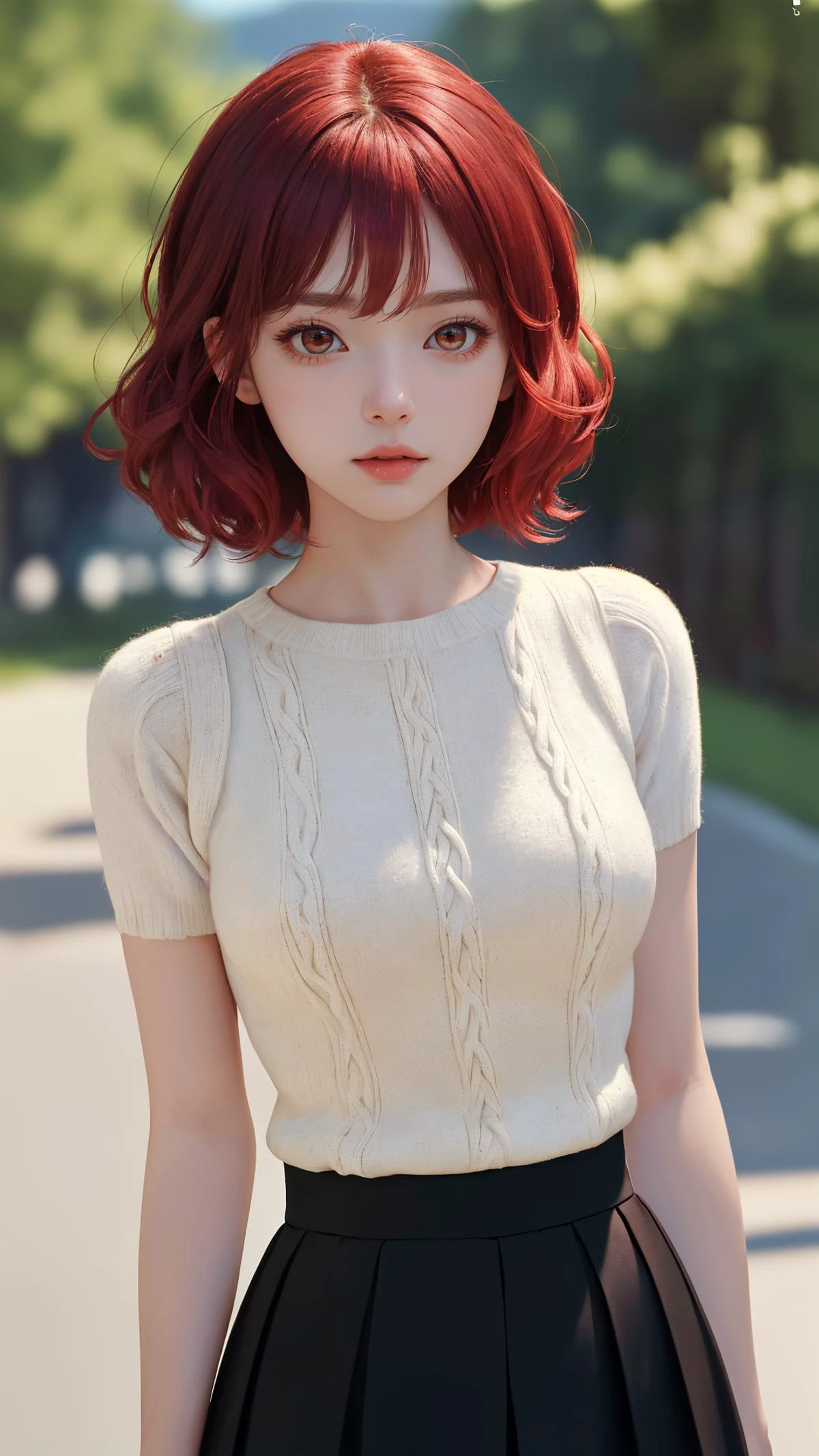 (masterpiece:1.4),(best quality:1.4),(absurdres:1.4),(looking at viewer),(intricate details:1.2), (extremely detailed:1.2), ckyline,
outdoors, (shiny skin:1.2), 1girl, (cinematic lighting), (detailed background:1.2),
bangs, natural wavy, chignon,
day with sunlight,
peaceful face,
upper body,
standing,
thigh gap,
knit with skirt,
red hair with red eyes,